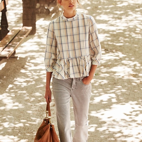 Anthropologie Maeve Sava Swing Top Plaid Neutral Motif Size 12 - Picture 2 of 10